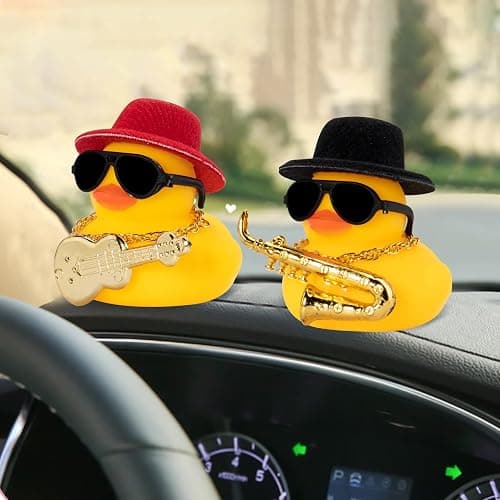 wonuu Cool Car Rubber Duck Car Duck Decoration Dashboard Car Ornament for Car Dashboard Decoration Halloween Decoration Accessories with Mini Hat Musical Instruments, A-Black Top Hat thumbnail 7