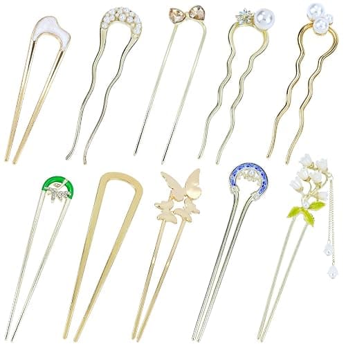 Lawie 10 Pack Cute Flower Butterfly U Shaped Gold Metal Hair Fork Pins Curved Chopsticks for Hair Sticks with Dangles French Hair Pins Bun Holder Decorative Hair Accessories for Women Girls - Image 1