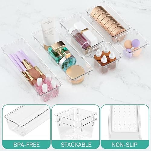 6 Pack Clear Drawer Organizer Set, Drawer Storage Trays, Storage Bins | Acrylic Drawer Storage Trays, Storage Bins for Makeup, Cosmetics, Jewelries, Utensils, Gadgets, Office thumbnail 4