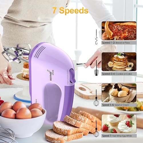 LILPARTNER Electric Hand Mixer with Storage Box, Ultra Power Kitchen Hand Mixer With 7-Speed & 5 Stainless Steel Accessories for Whipping Dough, Cream, Cake, Dishwasher Safe, PURPLE BOX thumbnail 4