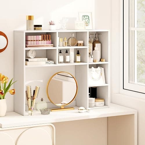 Tangkula Desktop Bookshelf, 37" Countertop Storage Hutch with 7 Cubes & 3 Adjustable Shelves, 3-Tier Desk Display Rack Organizer, Multipurpose Wood Desktop Hutch for Dorm Home Office (White) thumbnail 4
