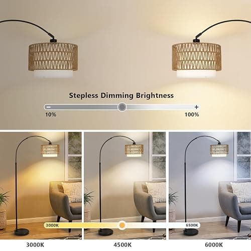 eyassi Arc Floor Lamp with Remote, Modern LED Floor Lamp with Dimmable Bulb, Boho Farmhouse Standing lamp with Fabric & Rattan Lampshades, Height Adjustable Black Tall Lamp for Living Room Bedroom thumbnail 2