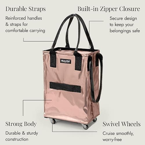HULKEN (Small, Rose Gold) Reusable Grocery Bag On Wheels, Shopping Trolley, Rolling Tote, Zipper Closure, Lightweight, Carries Up to 66 lb, Folds Flat thumbnail 8