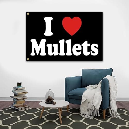 I Love Mullets Flag 3x5 Ft Funny Man Cave Wall I Heart Mullets Flag for Room Teen Girls Indoor Outdoor Bedroom and College Dorm Wall Decor Banner Tapestry Gifts thumbnail 4