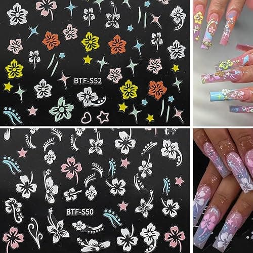 Flower Nail Stickers, Hibiscus Nail Decals 3D Self-Adhesive White Pink Gold Flower Pattern Summer Hibiscus Nail Design Manicure Tropical Accessories for Women Girls(6Sheets) thumbnail 8