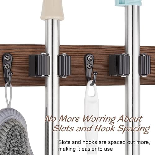 OUTNILI Mop Broom Holder Wall Mount with 3 Slots & 4 Hooks - Wood Broom Mop Hanger for Pantry Kitchen Organization - Garden Tool Organizer for Closet Laundry Room - for Rustic Farmhouse Kitchen Decor thumbnail 6