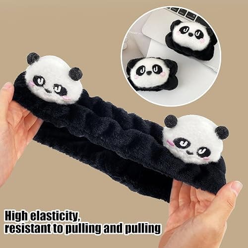JazSwirl Spa Headband Wrist Bands for Washing Face, 3 Pcs Black White Panda Face Wash Headbands, Kawaii Panda Headband with Arm Bands, Cute Animal Spa Makeup Skincare Headbands with Wristbands thumbnail 4