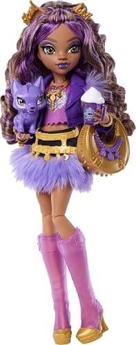 Monster High Doll, Clawdeen Wolf in Purple Moto Jacket and Furry Skirt with Pet Wolf Pup Crescent and 7 Accessories Like Book, Croissant and Purse thumbnail 4