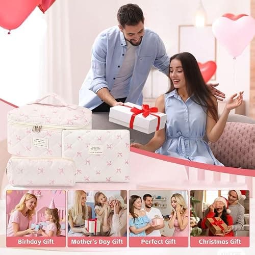 MZLUWM 3Pcs Makeup Bag Cute Cosmetic Bags for Women, Large Capacity Travel Quilted Makeup Bag Set,Cotton Floral Makeup Pouch, Coquette Puffy Toiletry Bag,Attractive Quilted Pouch (Pink bow) thumbnail 7