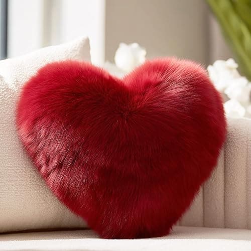 Wucidici Red Heart Pillow, Faux Fox Fur Heart Decorative Pillows, Heart Shaped Throw Pillow for Bed, Soft Fluffy Decorative Cushion for Chair Sofa Living Room - Plush Pillow Home Decor - Image 1