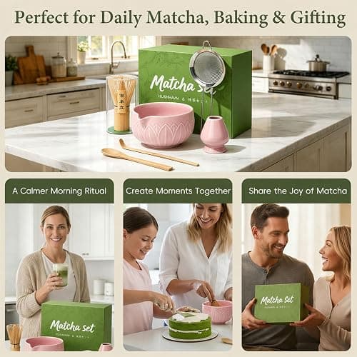 HUSHHAVN Matcha Whisk Set, Ceramic Matcha Set Includes Bowl & Holder, Bamboo Whisk (Chasen), Scoop, Spoon and Sifter, 6Pcs Matcha Kit Covers Everything Needed for Making Matcha (Leaf Pink) thumbnail 8