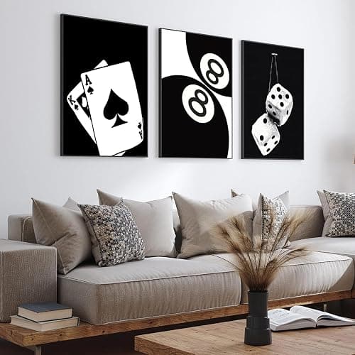 3Pcs Black and White Poker Dice Canvas Wall Art Lucky You Poster Prints Trendy Funky Preppy Y2K 8 Ball Pictures Artwork Aesthetic Painting for Game Room Apartment Dorm Decor 12x16in Unframed thumbnail 2