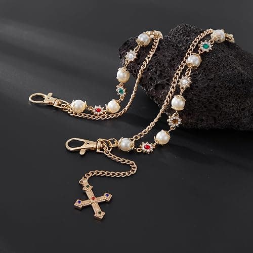 Fashion Layered Pants Wallet Chains - Exquisite Gold Silver Rhinestone Flower Pearl Jean Pocket Chain for Women Men Cute Bag Purse Charms Jewelry thumbnail 7
