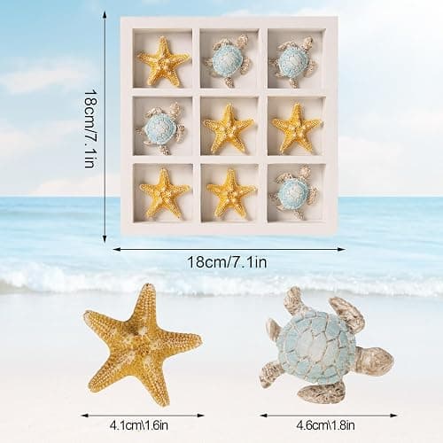 pechpell Wooden Tic Tac Toe Game Board with Resin Sea Turtle Starfish, Beach House Coastal Theme Room Coffee Table Decor, Beachy Living Room Tabletop Decorations for Home, Ocean Gifts thumbnail 3