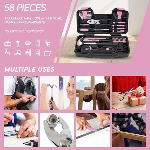 MARTCOLOR 58 Piece Household Tool Set, General Household Hand Tool Kit with Plastic Toolbox Storage Case, All Purpose Household Tool Kit for Women, Girls and Ladies, Pink thumbnail 5