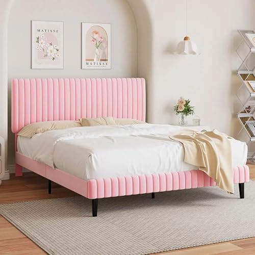 BarnFurin Full Size Bed Frame with Adjustable Headboard, Velvet Upholstered Platform Bed with Vertical Channel Tufted Design, No Box Spring Required, Easy Assembly, Pink thumbnail 3