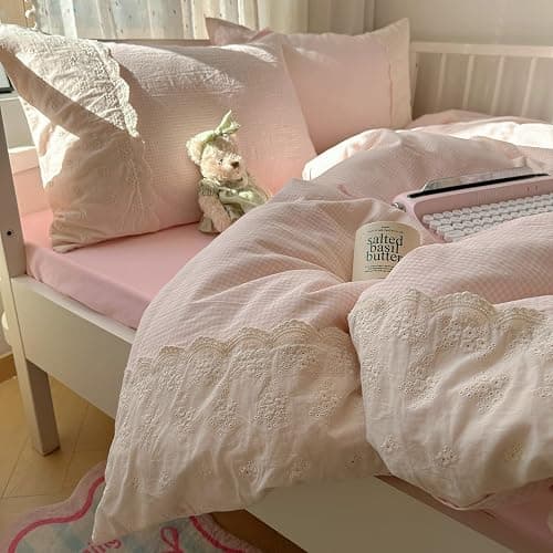 VM VOUGEMARKET Pink Full Duvet Cover Set 3 Pieces Lace Bedding Set Simple Cozy Plaid Checkered Comforter Cover with Zipper Ties for Teen Girls thumbnail 3