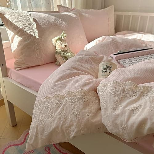 VM VOUGEMARKET Pink Duvet Cover with White Lace Twin Kids Pink Plaid Gingham Duvet Cover Set for Girl's College Dorm Soft Lightweight Cozy Bedding Set thumbnail 5