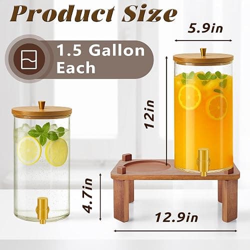 VERSSURE 2PCS Drink Dispenser, 1.5 Gallon Each Glass Beverage Dispenser with Wood Stand and Stainless Steel Faucet Ideal for Juice, Lemonade, and Tea,Large Drink Dispenser for Parties and Home Use thumbnail 3