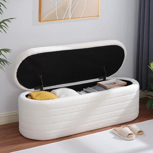 Dolift 45.5-inch Modern Teddy Sherpa Storage Ottoman Bench, Upholstered Fabric Bench for Bedroom End of Bed, Oval White Boucle Storage Ottoman for Living Room, Entryway, Small Apartment thumbnail 8