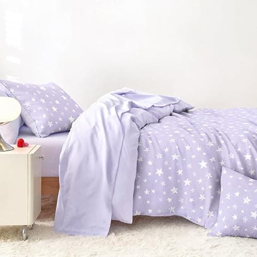 Wake In Cloud - Star Bedding Set for Boys Girls, Cute Stars Polka Dot, Soft Lightweight Comforter Set with Sheets, 5 Pieces Kids Bed in a Bag, Light Purple, Twin Size thumbnail 3