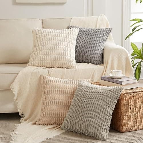 Fancy Homi 2 Packs Boho Decorative Throw Pillow Covers 18x18 Inch for Living Room Couch Bed Sofa, Rustic Modern Farmhouse Home Decor, Soft Corduroy Cream Square Cushion Case 45x45 cm thumbnail 6