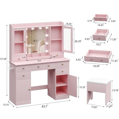 HUANLEGO Vanity Desk with Mirror and Lights, Pink Vanity Mirror with Lights Desk and Chair &7 Drawers, Cabinets Makeup Vanity Table with with Stool for Bedroom 3 Lights Mode and Brightness Adjusted - Pink - 43.7x15.6x57.3 in thumbnail 2