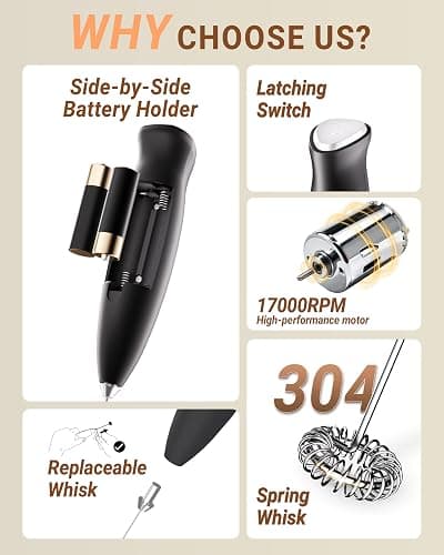 HeyLotie Milk Frother Handheld Frother Wand Drink Mixer Handheld Coffee Stirrers Electric Frother for Coffee Mixer Wand with 2 Whisk frother for protein powder coffee frother handheld -Black thumbnail 6