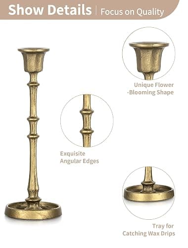 NUPTIO Cast Iron Taper Candle Holders, Set of 3 Antique Brass Candlesticks | Heavy Construction, Vintage Texture, Stable Candle Base, Fireplace Mantel, Table Decor thumbnail 4