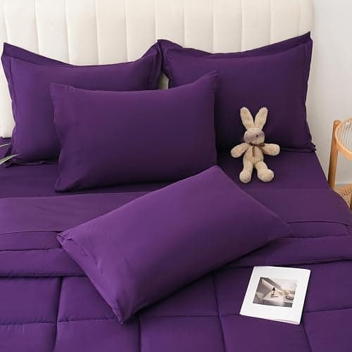 DOWNCOOL Queen Comforter Set, 7Pcs Bedding Sets Queen Dark Purple, All Season Down Alternative Bed in a Bag Queen with Comforter, Flat Sheet, Fitted Sheet, 2 Pillow Shams & 2 Pillowcases - Image 1