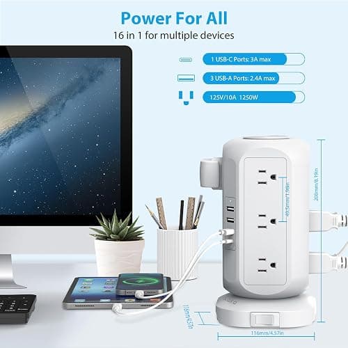 Tower Power Strip Flat Plug with 12 Outlets 4 USB(1 USB C),AOFO Surge Protector Charging Station with Overload Protection, Widely Spaced Multiple Outlets 10Ft Extension Cord for Home, Dorm,Office thumbnail 3