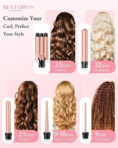 Waver Curling Iron Curling Wand - BESTOPE PRO 5 in 1 Curling Wand Set with 3 Barrel Hair Crimper for Women, Fast Heating Crimper Wand Curler in All Hair Type, Women Gifts - Leather Pink - Peachy - Curling Iron (0.35"-1.25") thumbnail 3