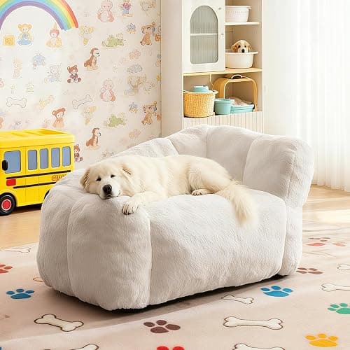 Belandi Dog Sofa Couch for Extra Large Medium Dogs, 51” Memory Foam Pets Sofa with Faux Fur Fabric Beige - Image 1