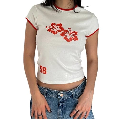 Y2k Graphic Baby Tees Women Teen Girl Fruit Print Crop Top Short Sleeve Slim Fit Vintage Aesthetic T Shirt Clothes - Small - Milky Hibiscus Floral - Image 1