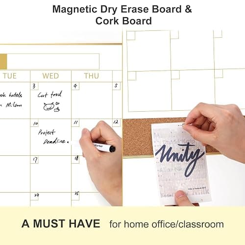ARCOBIS Dry Erase Calendar Whiteboard Cork Board Combo, 24"x18" Magnetic White Board Calendar Dry Erase for Wall, Gold Frame Monthly Combination Board for Office, Home, School thumbnail 4