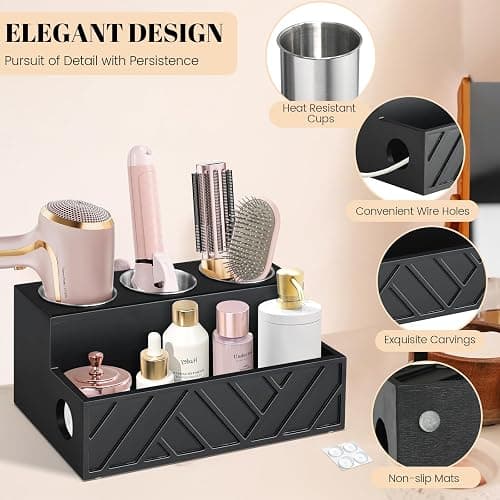 Unistyle Hair Tool Organizer, Wall Mounted, Bathroom Countertop, Vanity Organizer, Black, Wooden, Rectangular, Rustic, Art, 7.1 x 5.3 x 5.3 Inches, Paulownia Wood & Stainless Steel, 1.87 Pounds thumbnail 7