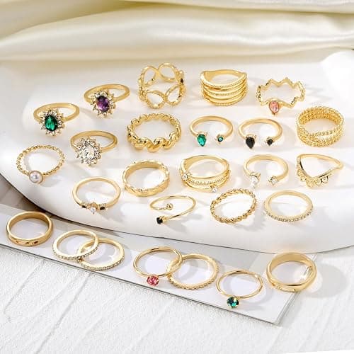 Gold Boho Sparkle Knuckle Rings Set For Women, Vintage Fashion Aesthetic Trendy Joint Snake Ring Pack, Retro Green Black Pink Colorful Rhinestone Star Crystal Leaf Diamond Pearl Jewelry thumbnail 5