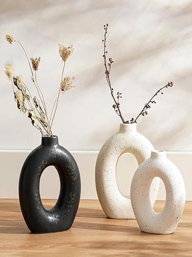 LE TAUCI Ceramic Vases Set of 2, Cream Hollow Donut Flower Vases, Nordic Boho Decor Decorative Centerpiece for Living Room, Table, Shelf, Mantel, Warm Ivory Speckled (H10.5”xW8.5”) thumbnail 6