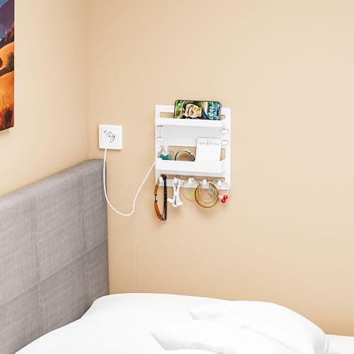 Yieach Bedside Wall Organizer for Dorm Bed,Rv,Small Room and Nightstand,Wall Mounted Floating Shelves and Bedside Shelf for Remote,Phone Holder,Charging Shelf,Cute Bedroom Decor for College Girl,White thumbnail 3