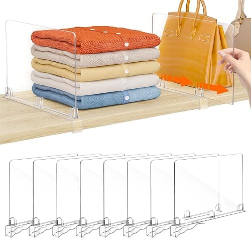 Fixwal 8 PCS Detachable Acrylic Shelf Dividers for Closet Organization Clear Shelf Divider for Closet Organizers and Vertical Purse Organizer for Closet, Bedroom, Kitchen, Office, Cabinets, Bathroom - Image 1