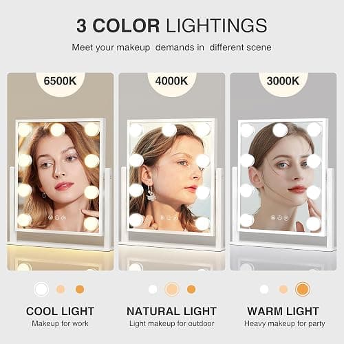 Makeup mirror with lights,Hollywood Vanity Mirror with 9 LED Bulbs，12" x 13.2" Plug in Makeup Mirror for Desk,Smart Touch Control 3Colors Dimmable, light up mirror for makeup,Bedroom,Tabletop,White thumbnail 3