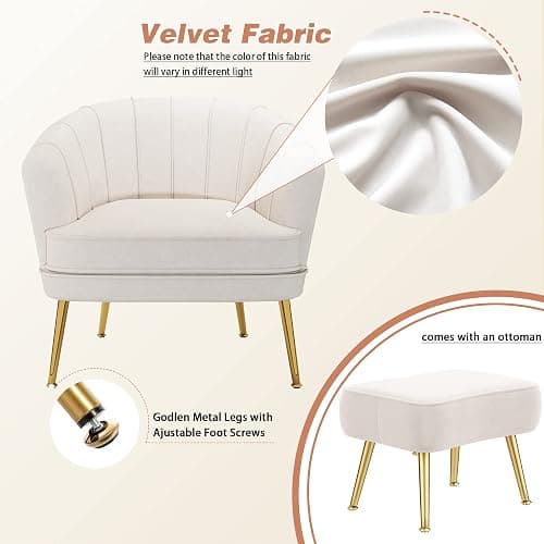 Andeworld Velvet Accent Chair with Ottoman, Upholstered Modern Single Sofa Side Chair,Comfy Barrel Club Living Room Armchair with Golden Metal Legs for Bedroom Living Reading Room Office, Beige thumbnail 7
