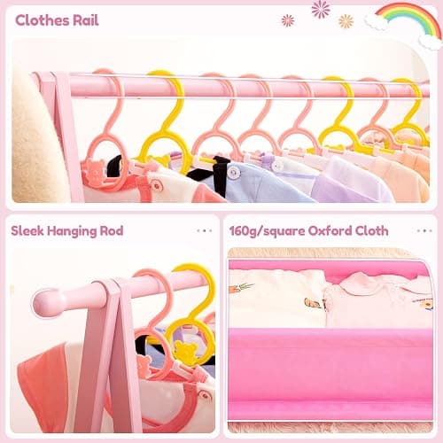 Cozivolife Kids Clothing Rack with Storage Box, Dress up Holder, Child Garment Hanger with Hanging Rods, Small and Foldable, Bamboo (Pink) thumbnail 5