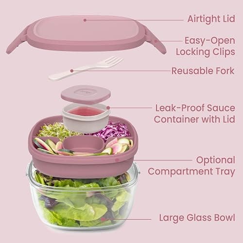 Bentgo Glass Salad Container - 7.6-Cup Salad Bowl with Airtight Lid, Leak-Proof Sauce Container, 4-Compartment Bento Tray & Reusable Fork - BPA-Free for Meal Prep, Office & More (Rose) thumbnail 6