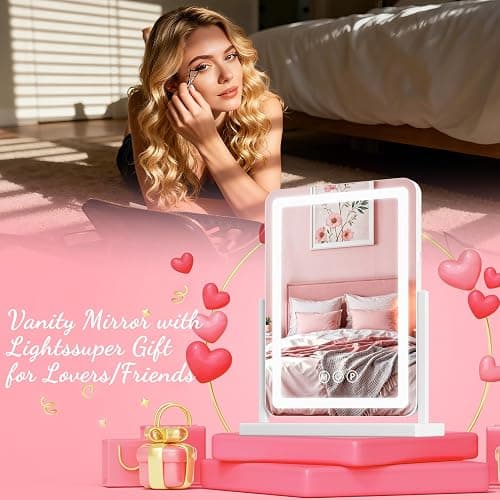 Suidia Vanity Mirror with Lights, 18"×14" LED Makeup Mirror with Light, Smart Touch with 3-Color Lighting, 360°Ratation for Vanity Desk Tabletop,White,Lamp Belt Style thumbnail 6
