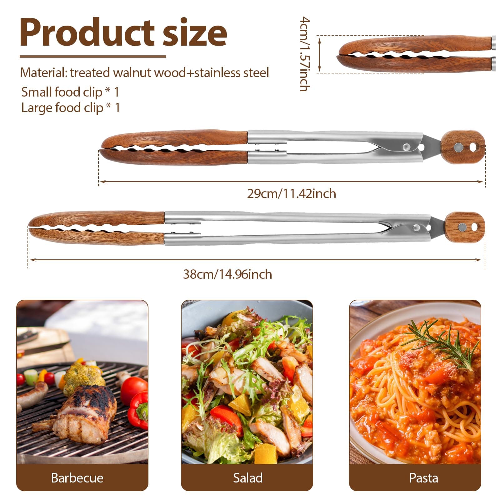 2 Pcs Walnut Wooden Kitchen Tongs Wood Food Tongs Salad Tongs with Wooden Tips, Locking Tongs Wood Serving Tongs for Flipping Cooking Grilling thumbnail 3