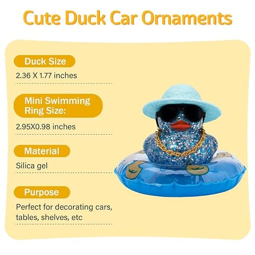 wonuu Shining Rubber Ducks with Plastic Sunglasses Swim Ring Necklace Hat, Glittering Cute Car Accessories Decor Dashboard Decorations Duck Pink Ducky, Straw-Blue Aa-black Glasses-straw-blue thumbnail 4