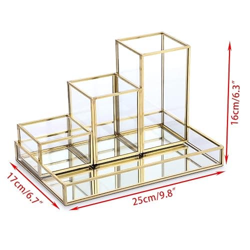 Hipiwe Set of 4 Gold Glass Makeup Brush Holder Organizer with Vanity Tray | Stackable Perfume & Cosmetic Brush Organizer, Mirrored Jewelry Trinket Tray, Pen & Pencil Holder for Dresser Bathroom thumbnail 3