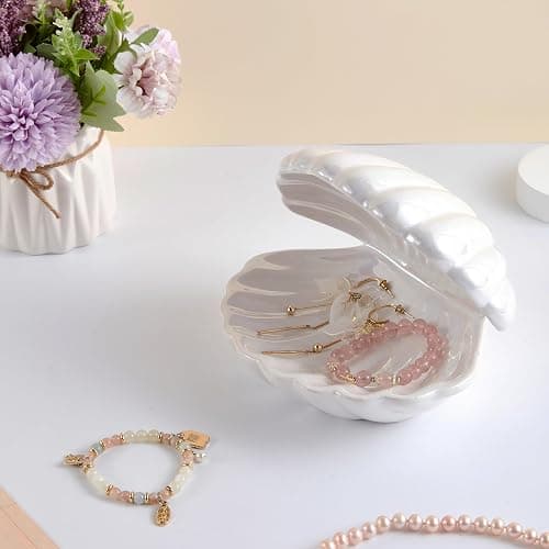 Denique Shell Jewelry Dish Tray, Ceramic Trinket Tray Clamshell Jewelry Storage Dish, Ring Holder Dish Key Bowl, Decorative Jewelry Plate, Cute Jewelry Organizer for Room Decor (White) thumbnail 4