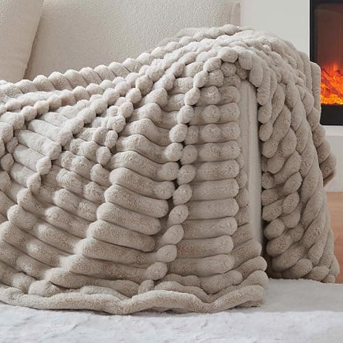 Lotus Karen Faux Fur Throw Blanket - Stripe Faux Rabbit Fur Blanket for Couch, Cozy Soft Fluffy Fuzzy Blanket, Warm Thick Furry Plush Shaggy Small Blankets for Women, Linen,50x60 Inches thumbnail 7